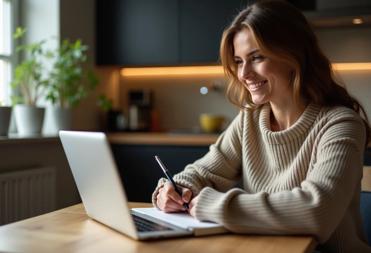 Jeune femme souriante prenant des notes dans une cuisine chaleureuse