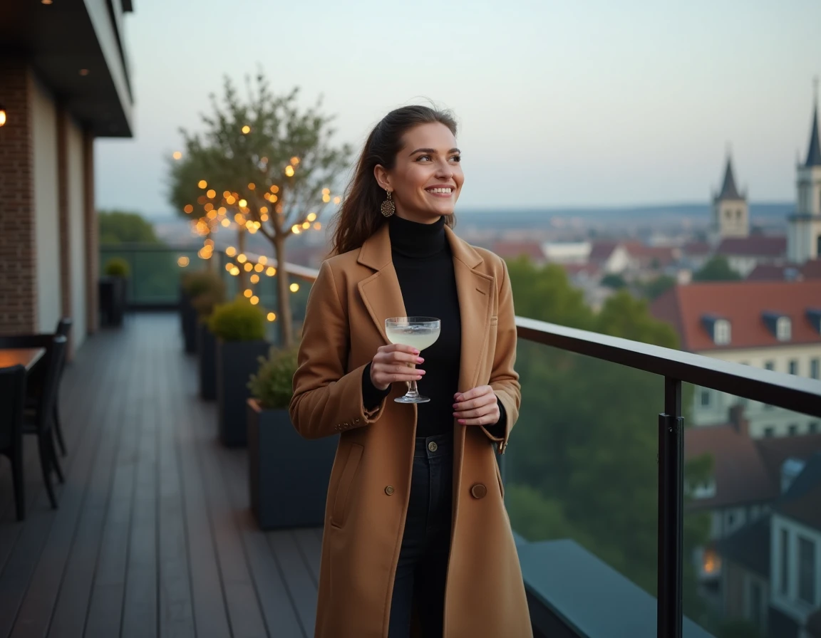 Femme élégante en manteau camel sur une terrasse de rooftop à Lille, cocktail à la main avec vue sur les toits de la ville