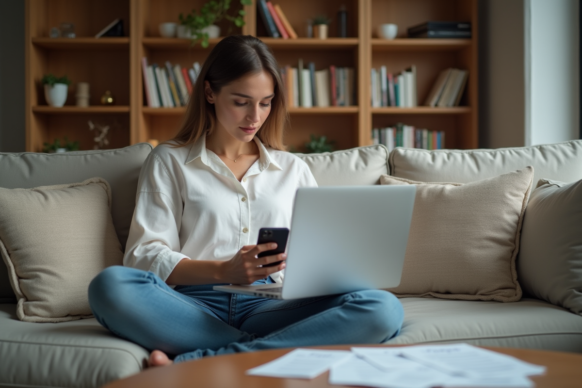Femme utilisant un ordinateur et smartphone dans le salon
