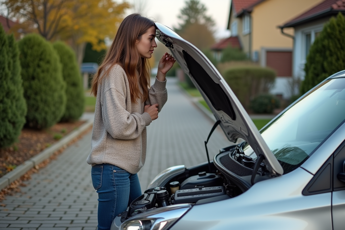 Jeune femme inspecte le moteur de sa voiture dans la cour