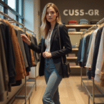 Femme en blazer et jeans dans une boutique de mode