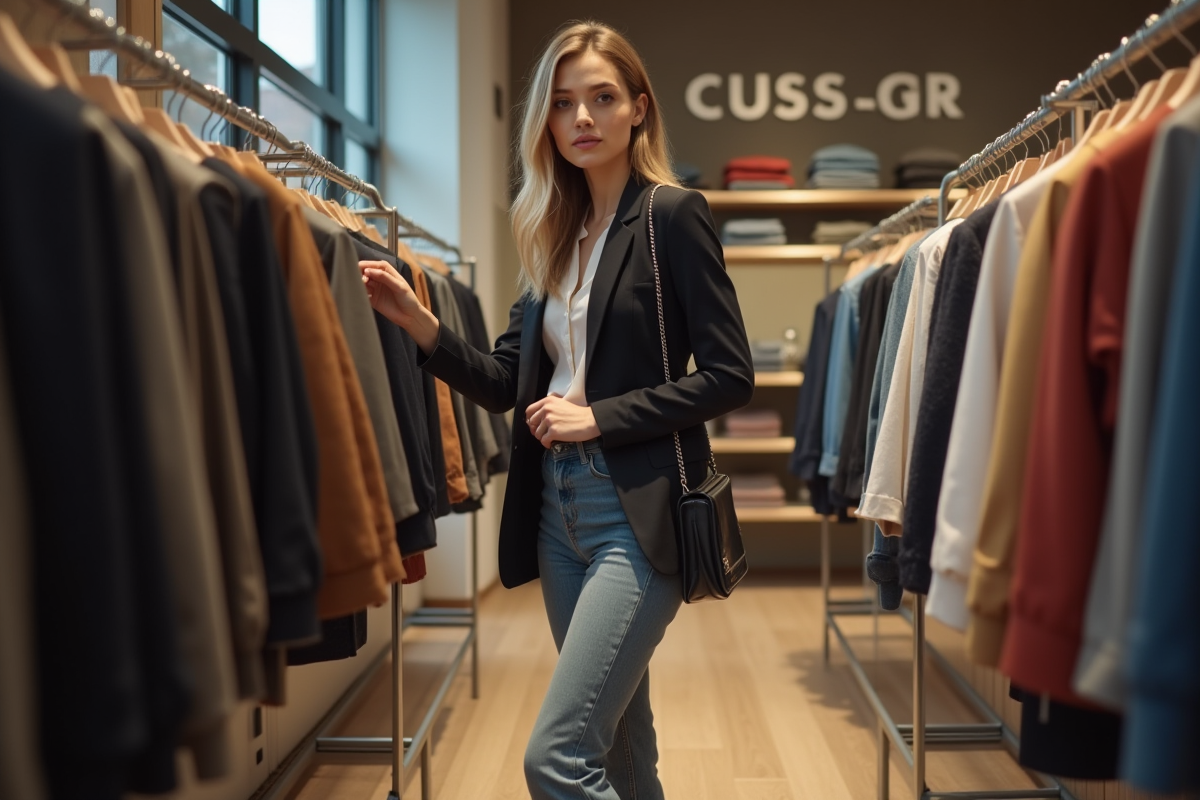 Femme en blazer et jeans dans une boutique de mode
