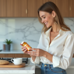 Femme souriante tenant une vitamine dans la cuisine lumineuse