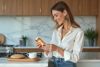 Femme souriante tenant une vitamine dans la cuisine lumineuse