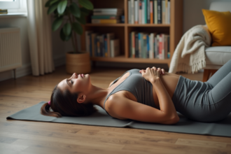 Femme en yoga pratiquant la respiration guidée à la maison