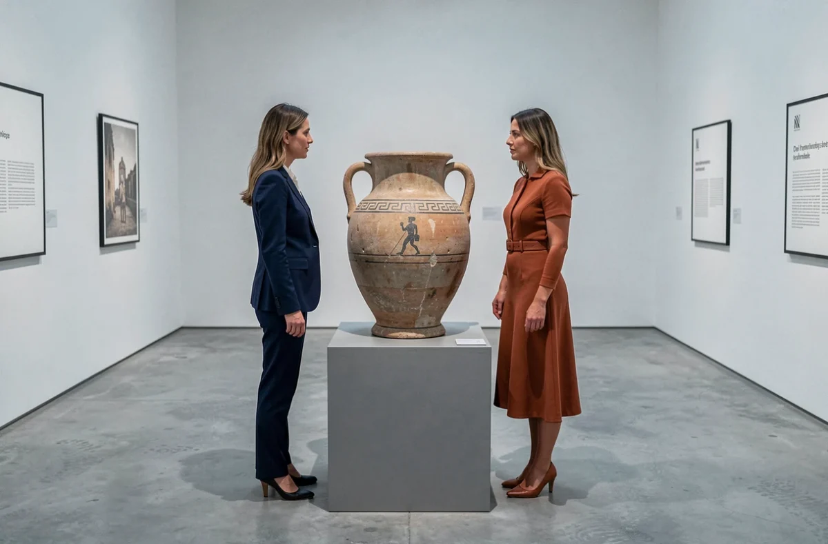 Deux femmes contemporaines admirant une amphore grecque antique dans un musée, lien entre héroïnes modernes et déesses de la mythologie