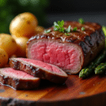 Filet mignon tranché avec pommes de terre et asperges