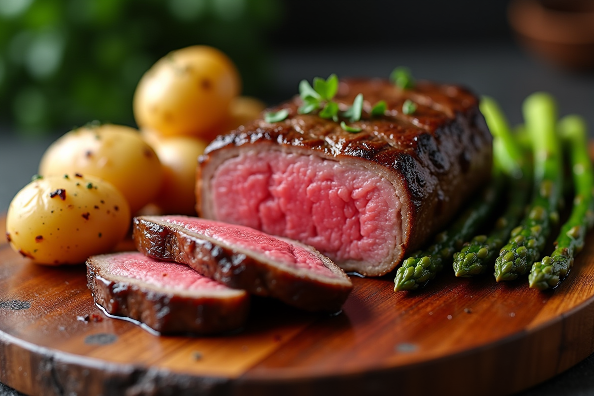 Filet mignon tranché avec pommes de terre et asperges