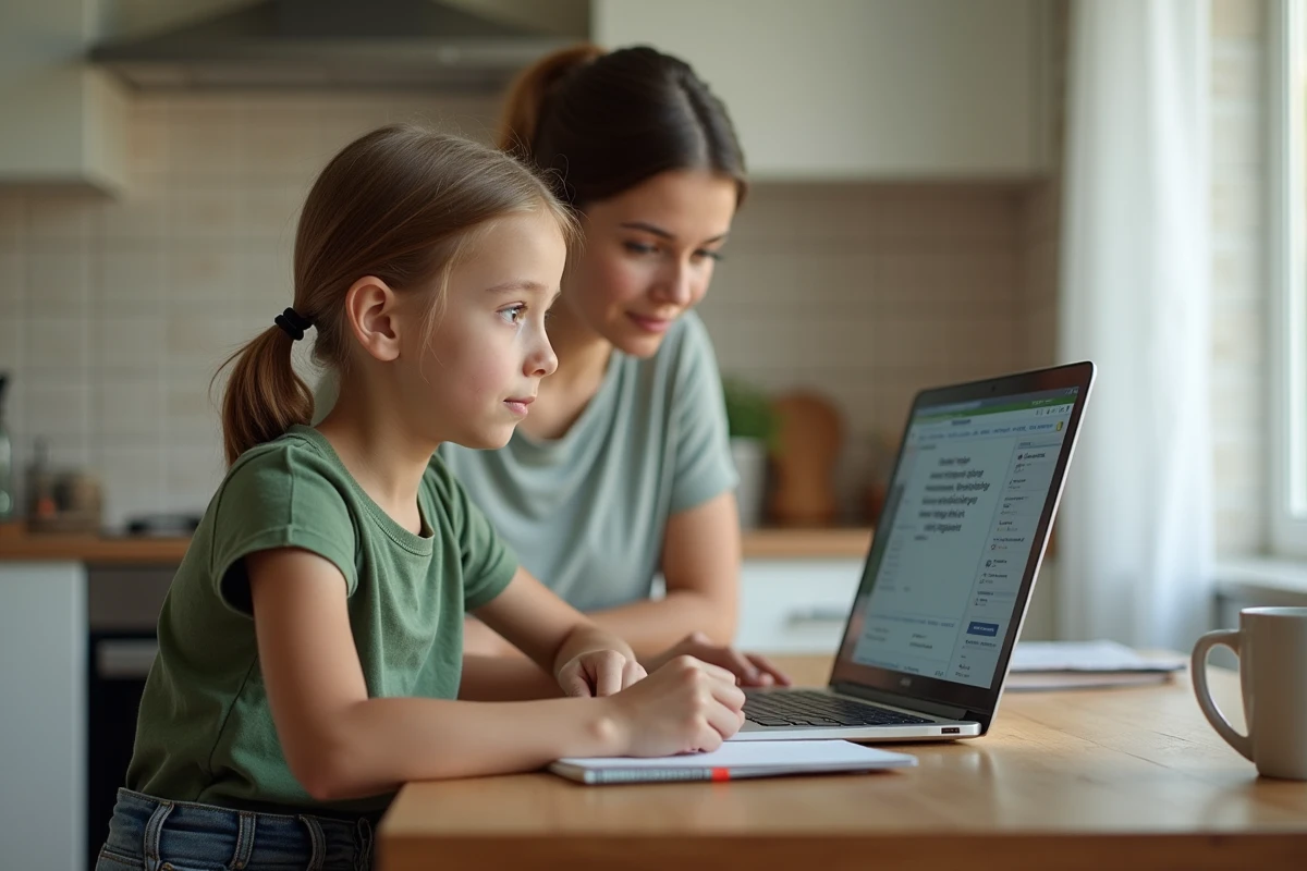 Fille et maman aidant avec un ordinateur à la maison