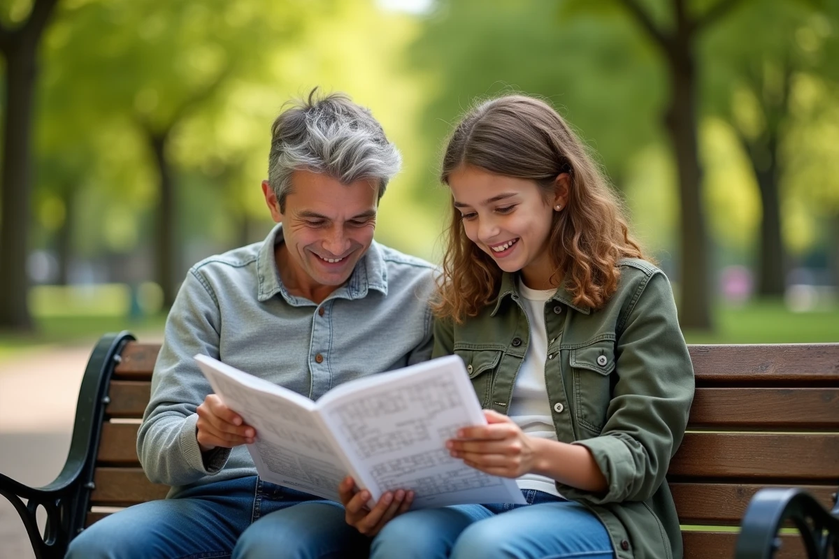 Une fille et son père résolvent un puzzle de mots dans un parc