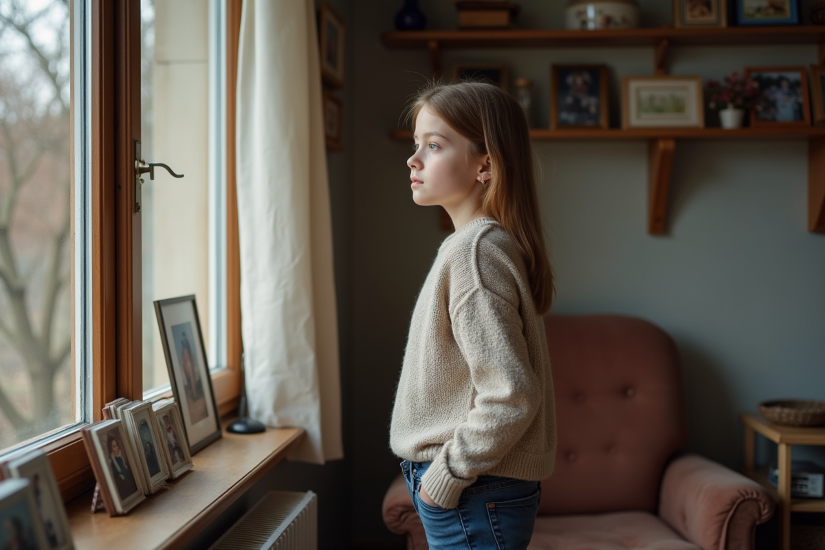 Adolescente regardant par la fenêtre dans un salon familial