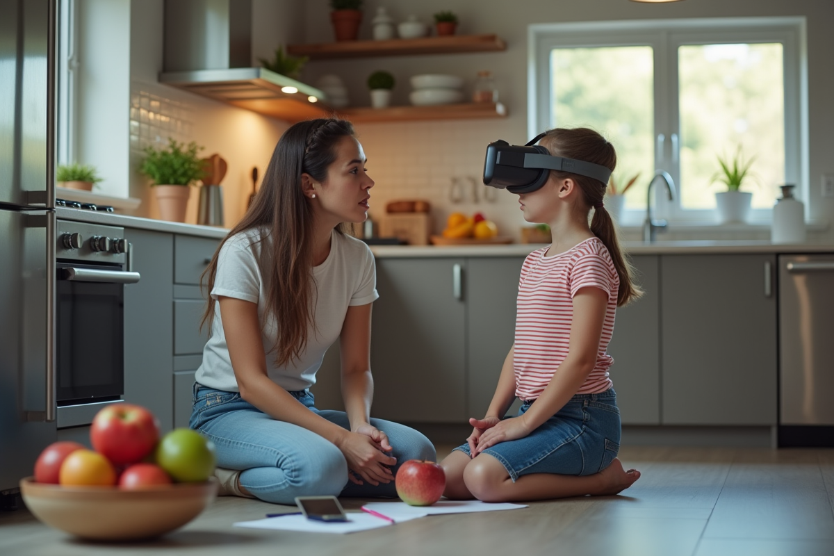 Fille de 12 ans avec mère dans la cuisine moderne
