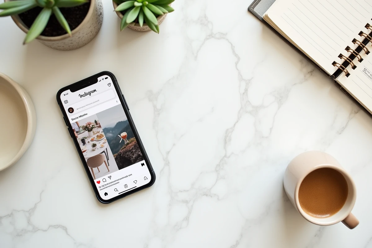 Vue de dessus d'un bureau avec smartphone affichant Instagram et X, carnet de notes et café, illustrant la stratégie de suivi sur les réseaux sociaux
