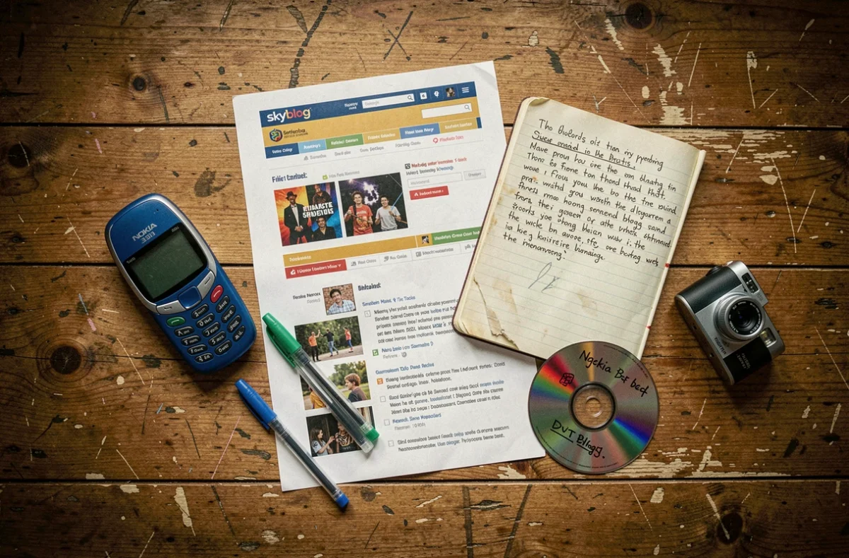 Objets nostalgie des années 2000 autour du blogging et de Skyblog : téléphone Nokia, captures d'écran de blog, appareil photo numérique et cahier manuscrit