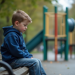 Jeune garçon seul sur un banc dans un parc urbain