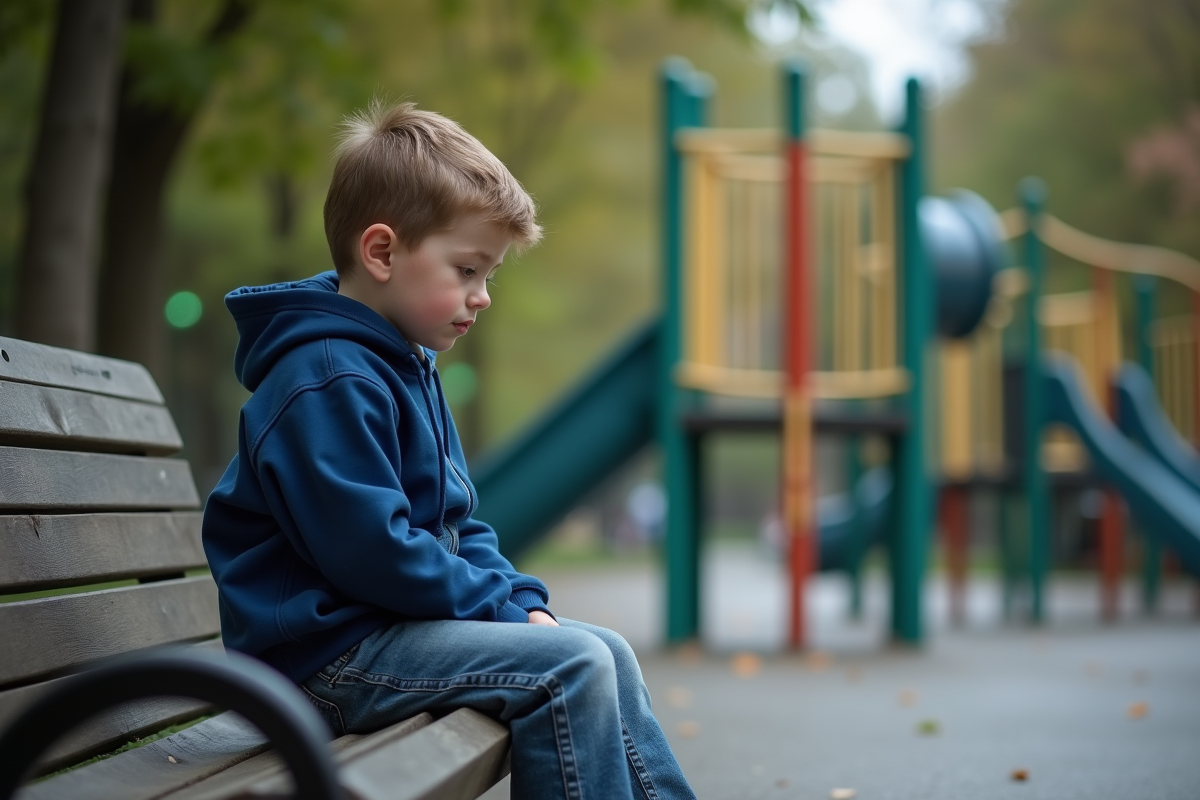 Jeune garçon seul sur un banc dans un parc urbain