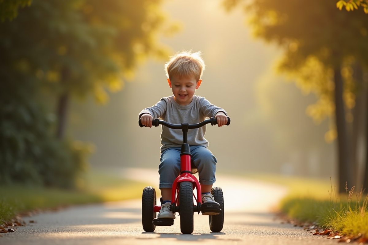 Jeune garçon roulant à vélo rouge en extérieur en journée