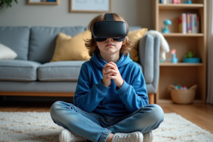 Garçon de 10 ans avec casque VR dans le salon familial