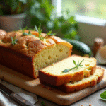 Gâteau de courgette et chèvre tranché sur planche en bois