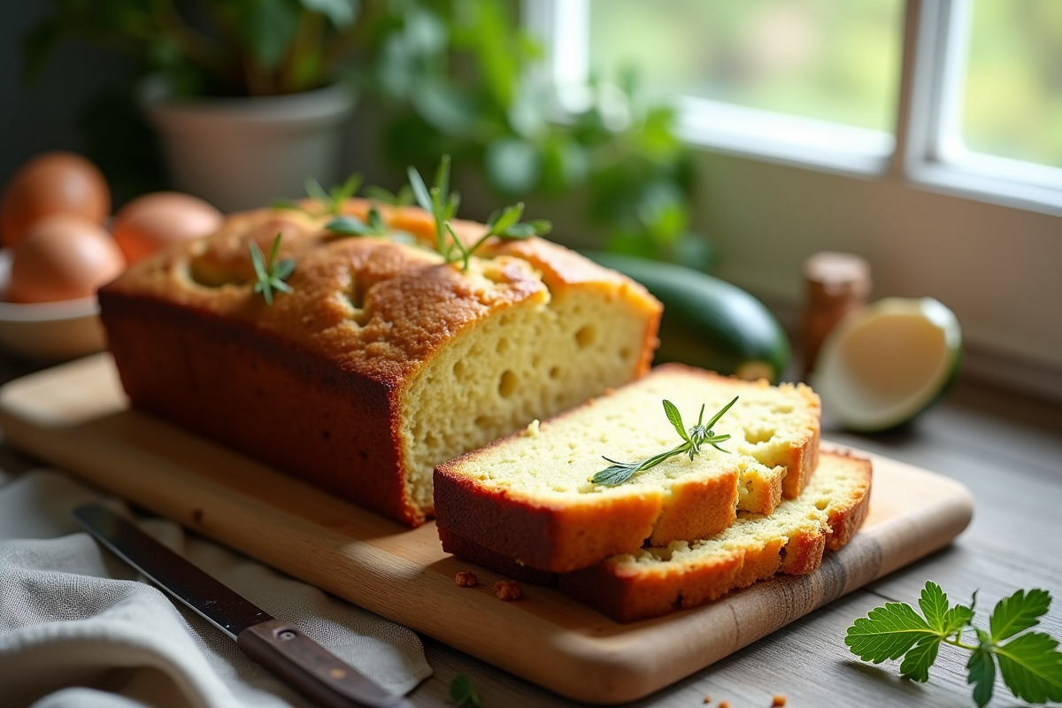Gâteau de courgette et chèvre tranché sur planche en bois