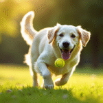 Golden retriever blanc courant dans un parc ensoleille
