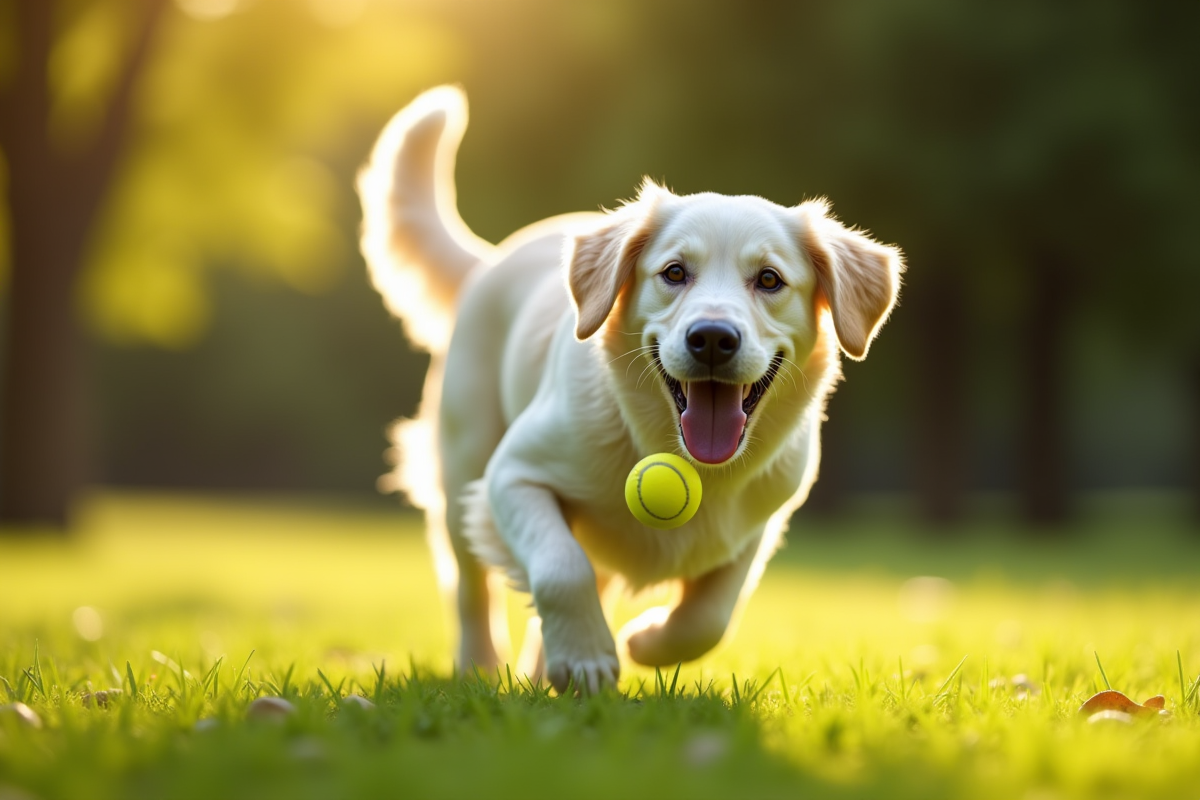 Golden retriever blanc courant dans un parc ensoleille