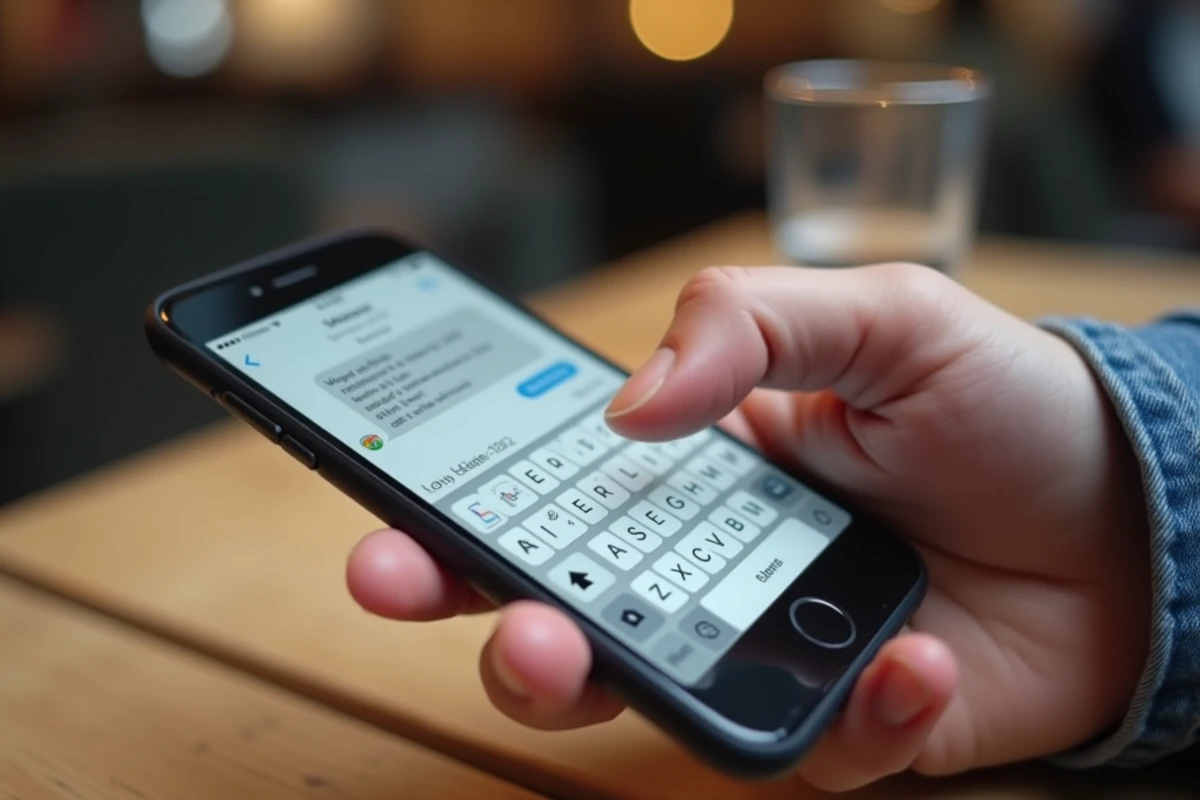 Gros plan sur un smartphone affichant un message en cours de rédaction, illustrant le doute orthographique entre profiter bien et profitez bien