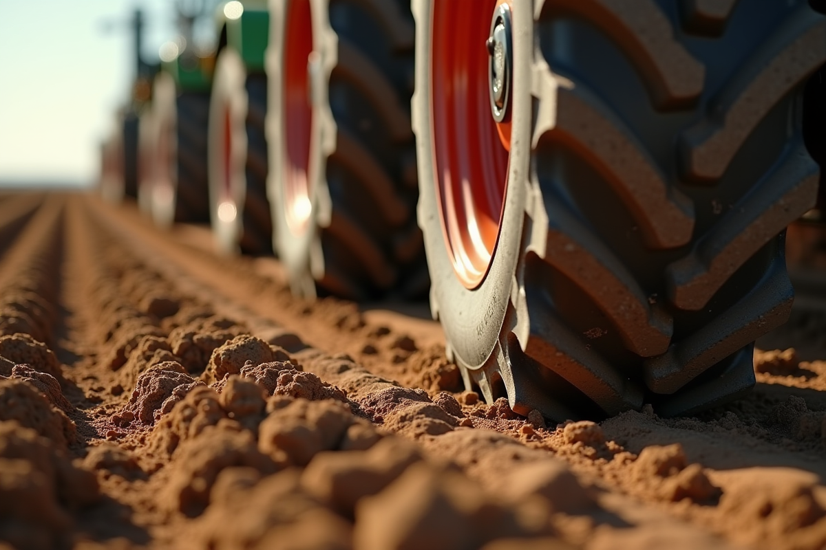 Gros plan sur pneus de tracteur appuyant sur la terre avec motifs