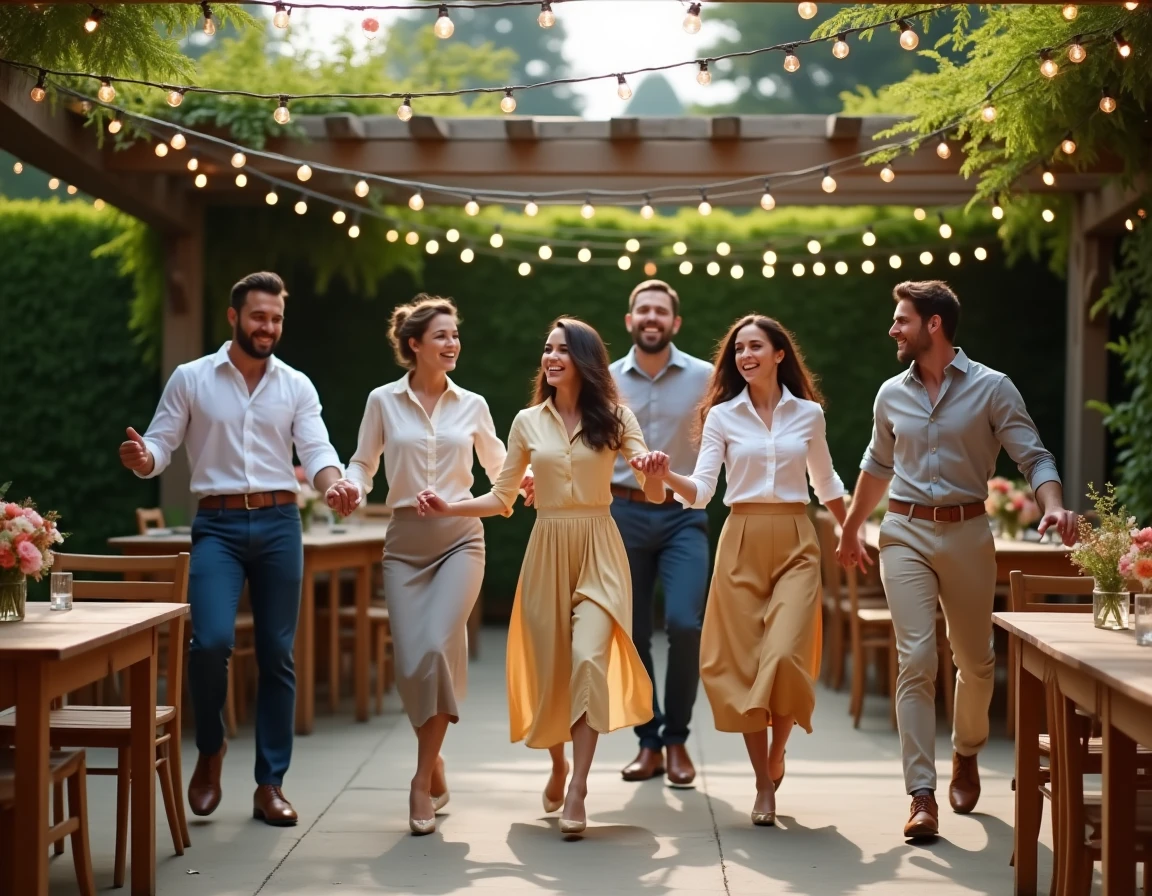 Groupe d'adultes dansant le madison en synchronisation lors d'une fête de jardin estivale en plein air