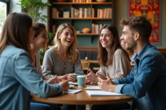 Groupe d'amis jeunes discutant dans un café convivial