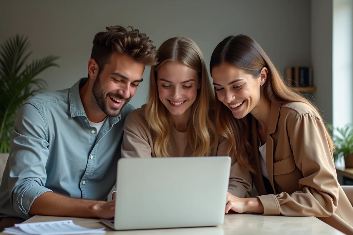 Groupe d'amis analysant ensemble les avis Google et réseaux sociaux du Joy Club Lille sur un ordinateur portable