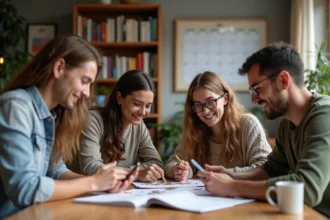 Quatre adultes jouent à un jeu de mots ensemble