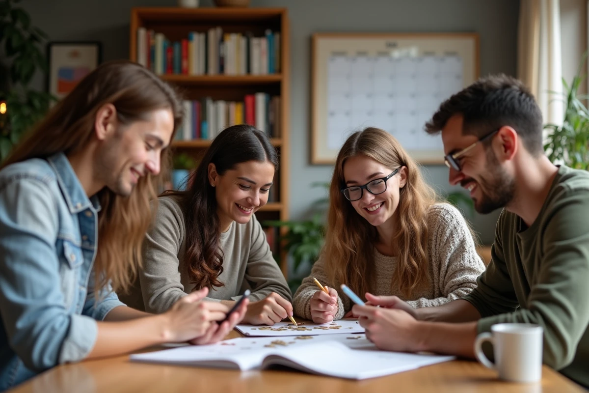 Quatre adultes jouent à un jeu de mots ensemble
