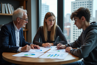 Trois personnes discutent autour d'une table en bureau moderne