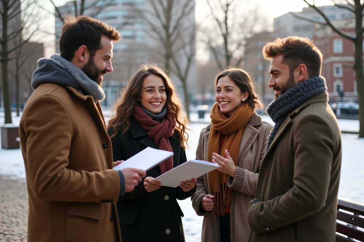 Groupe d adultes discutant de résolutions dans un parc en hiver