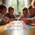 Enfants jouant à SkipBo Junior autour d'une table en plein jour