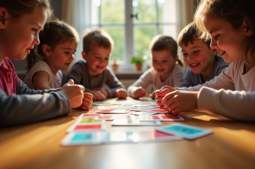 Enfants jouant à SkipBo Junior autour d'une table en plein jour