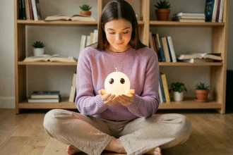 Jeune femme tenant tendrement un petit personnage Luma lumineux dans un appartement cosy, illustrant le lien d'harmonie entre un personnage et les Lumas