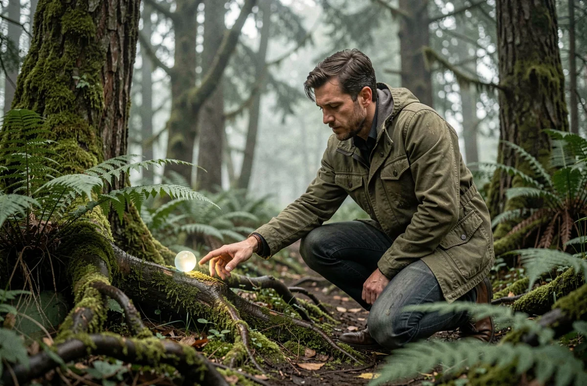Homme agenouillé dans une forêt brumeuse tendant la main vers un Luma posé sur une racine, représentant l'harmonie entre un personnage et une créature lumineuse