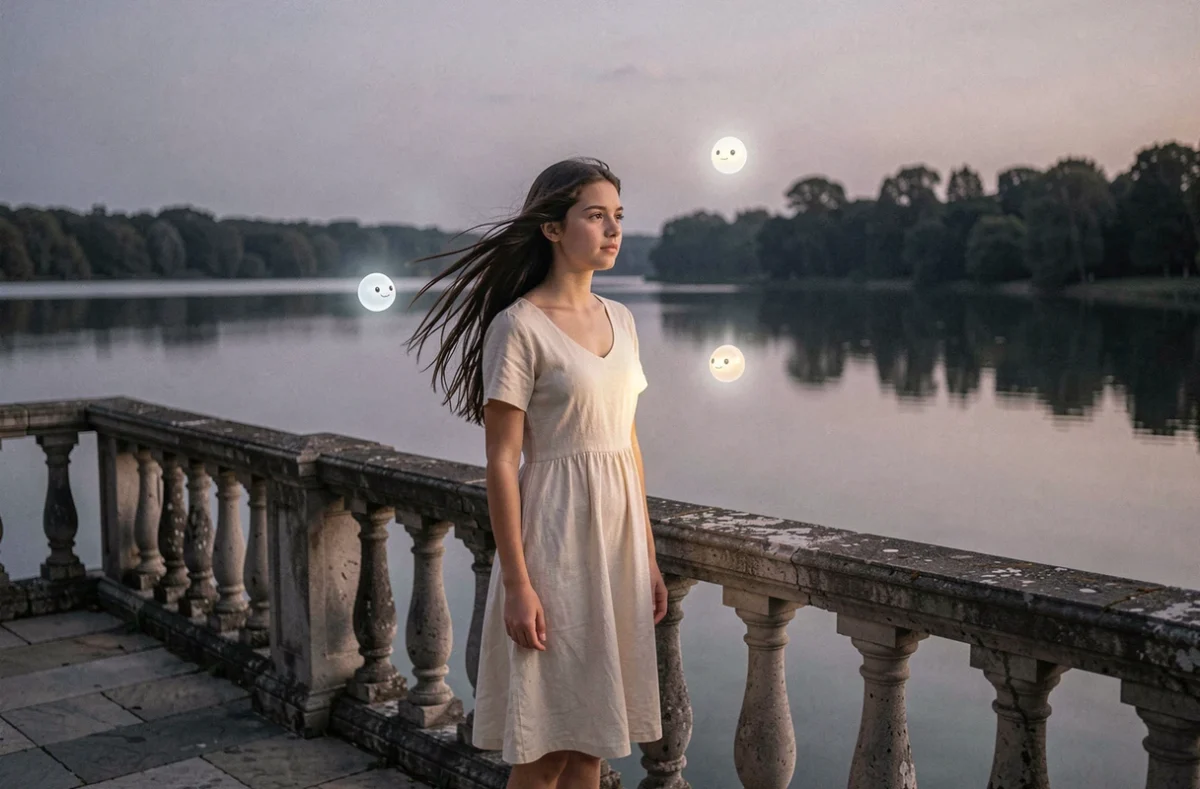 Adolescente entourée de plusieurs Lumas flottants sur une terrasse en pierre au bord d'un lac, évoquant un lien d'harmonie profond entre le personnage et les créatures lumineuses