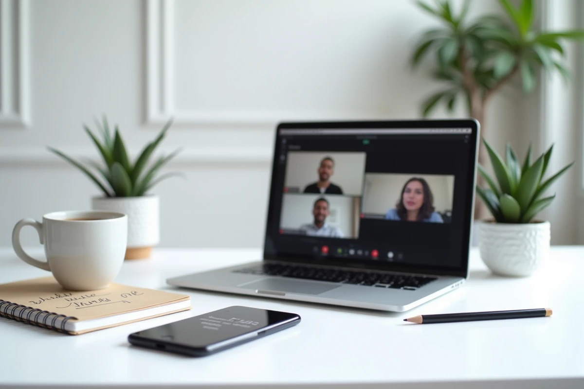 Bureau minimaliste avec smartphone affichant l'heure à Washington et ordinateur portable en réunion vidéo internationale