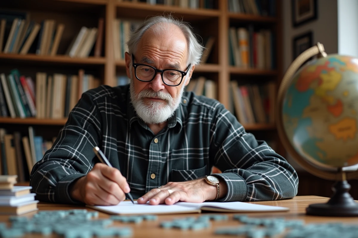 Homme âgé résolvant des puzzles dans un bureau