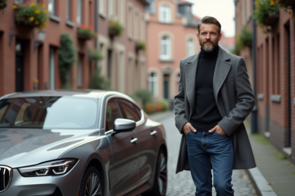 Homme allemand élégant près d'une voiture sur une rue pavée