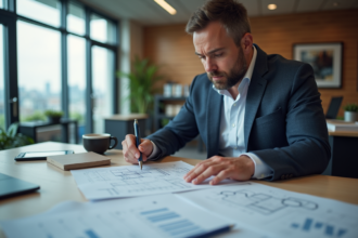 Homme d'affaires examinant des plans et documents dans un bureau moderne