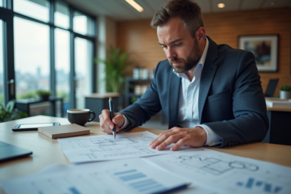 Homme d'affaires examinant des plans et documents dans un bureau moderne