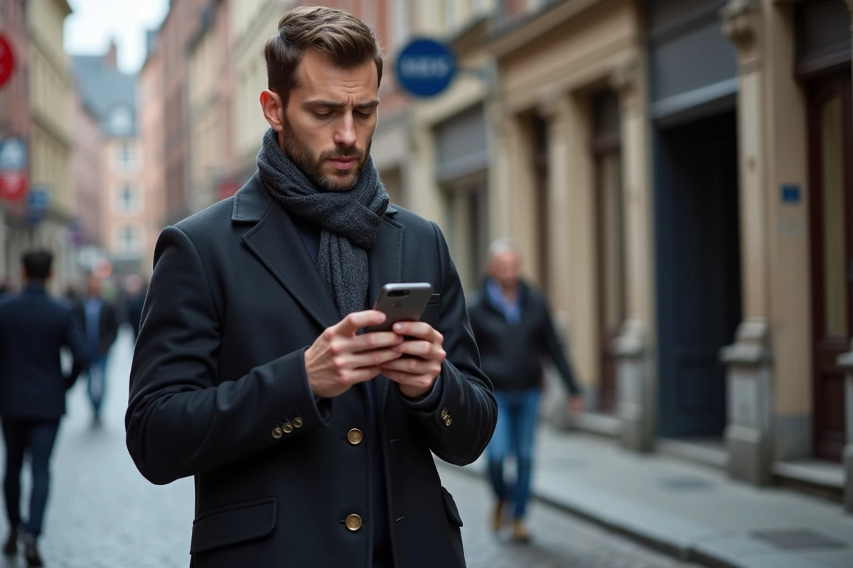 Homme consultant les avis sur les réseaux sociaux devant une rue typique de Lille pour évaluer le Joy Club