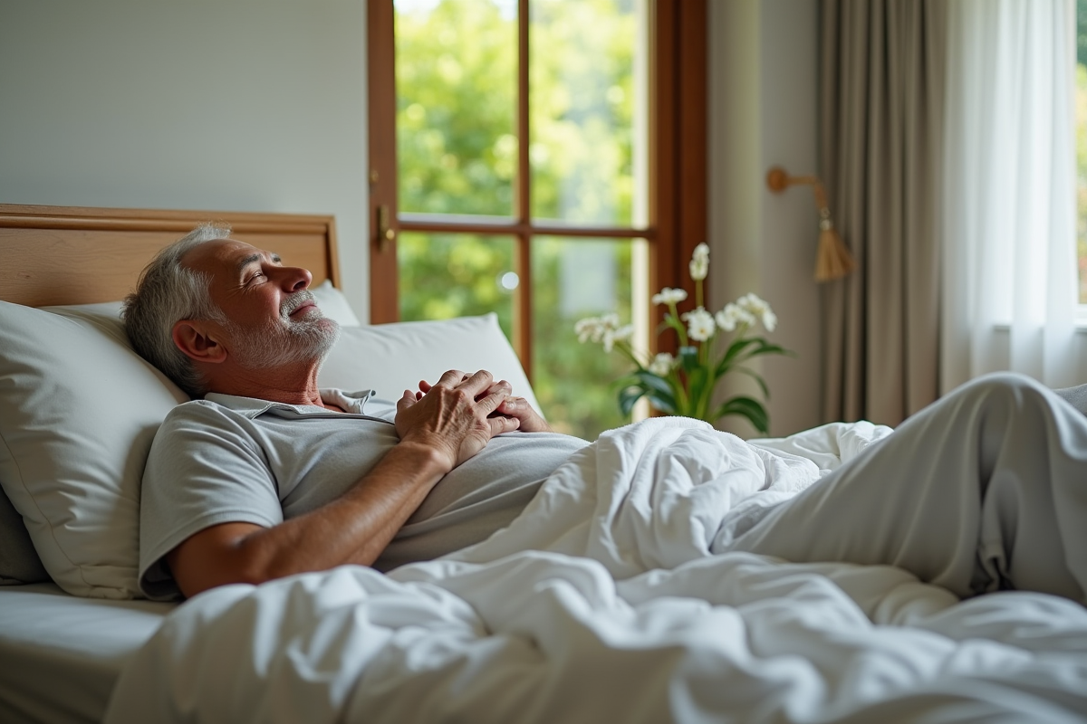 Homme âgé pratiquant la respiration pour la coherence cardiaque