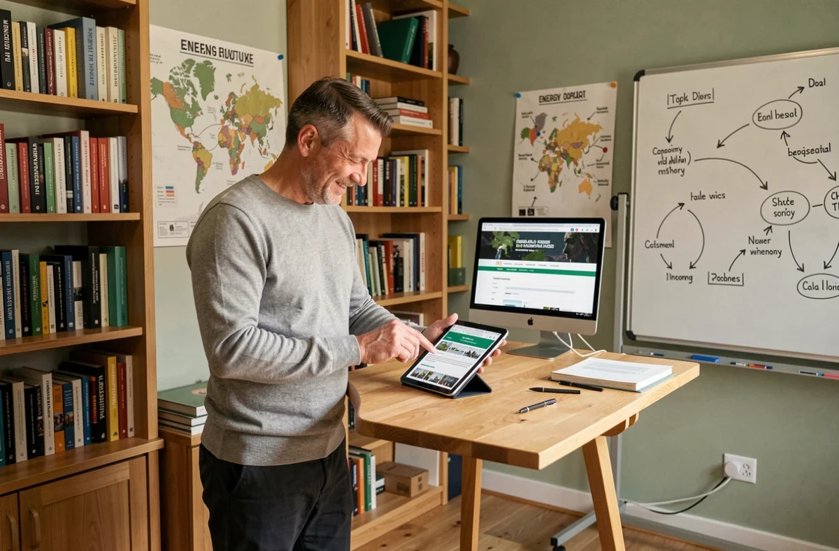 Homme consultant un blog énergie sur tablette dans un bureau à domicile entouré de livres et de schémas carbone
