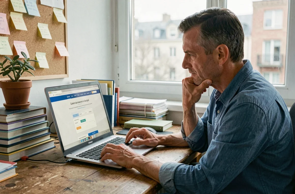 Homme consultant un site de grammaire française sur son ordinateur portable dans un bureau encombré de livres