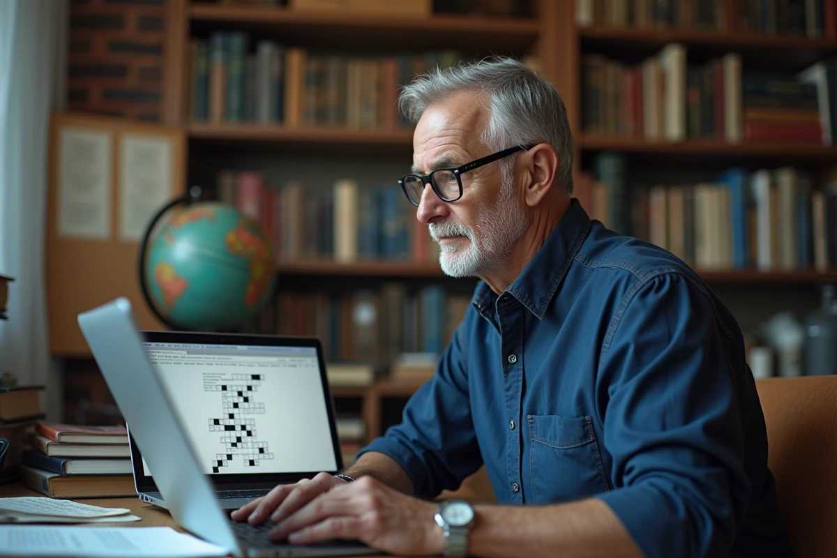 Homme avec lunettes de lecture consultant un site de mots croisés sur un ordinateur portable dans un bureau à domicile